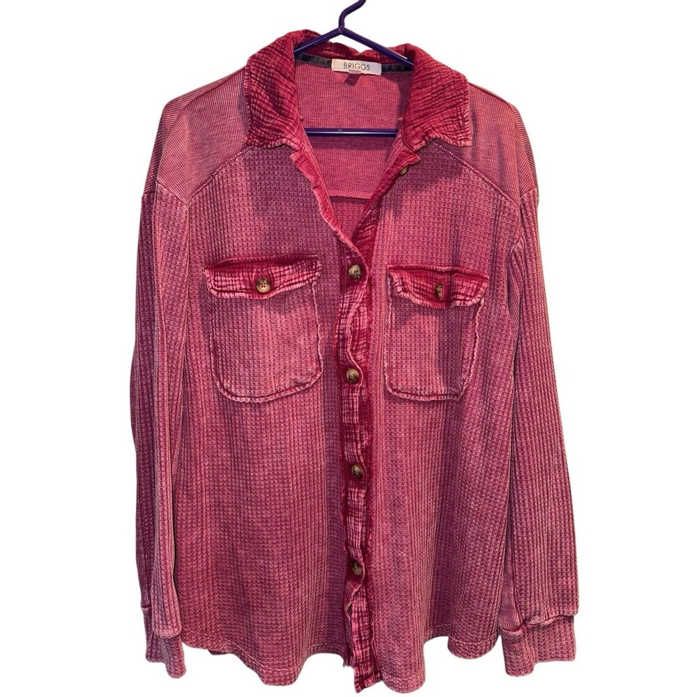 Briggs Relaxed Fit Button Front Long Sleeve Waffle Maroon Shirt Medium EUC